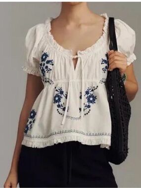 Anthropologie White Peasant Top with Blue Floral Embroidery